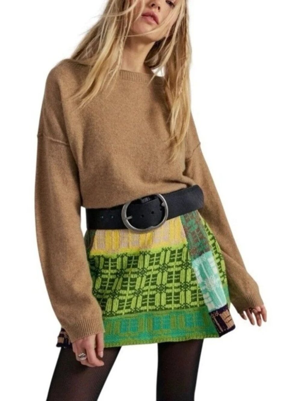 Free People "After School" Thick Knit Patchwork Mini Skirt Size Small
